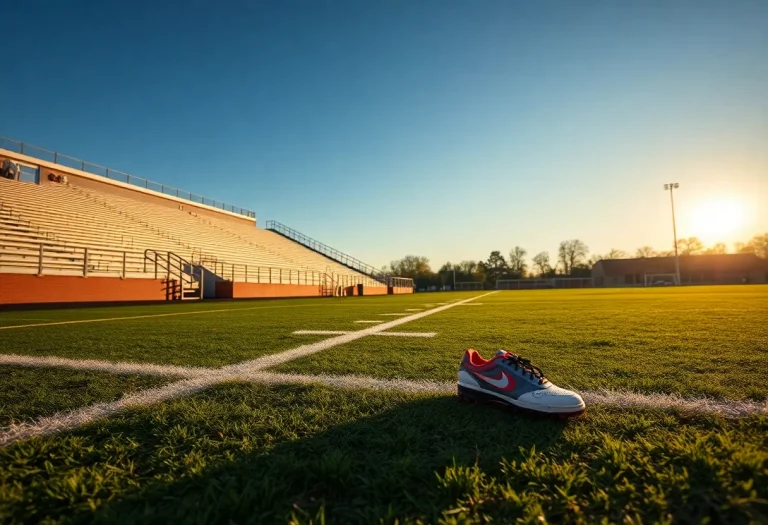 Empty football field with shoes left on the grass