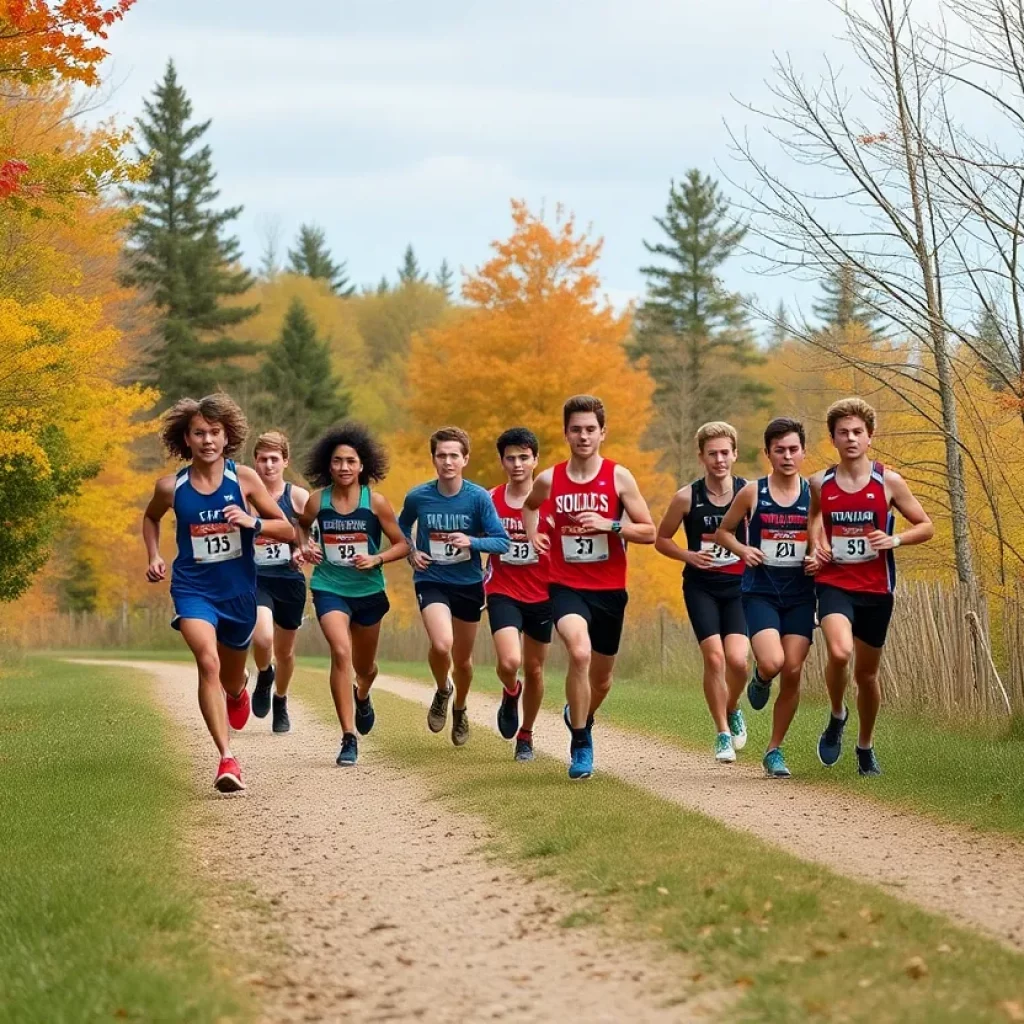 Twin Falls Bruins girls cross country team running through Eagle Island State Park