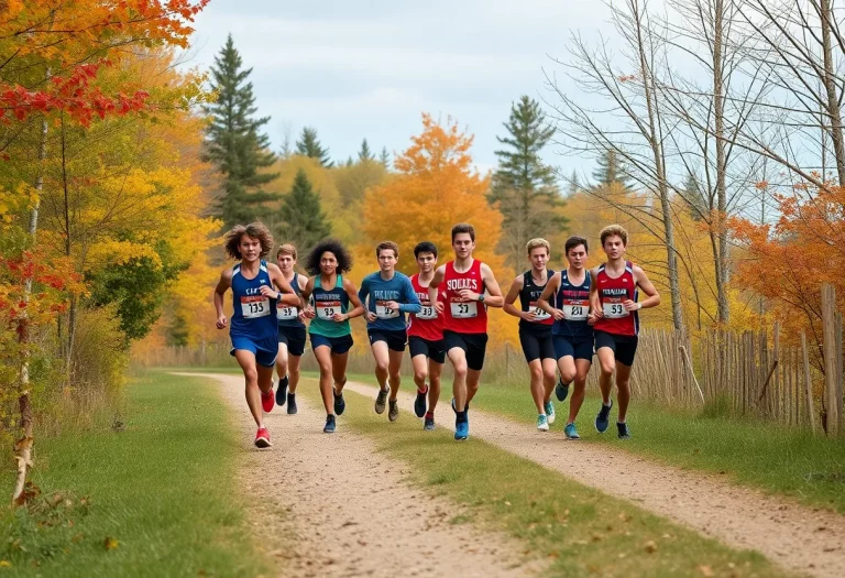 Twin Falls Bruins girls cross country team running through Eagle Island State Park