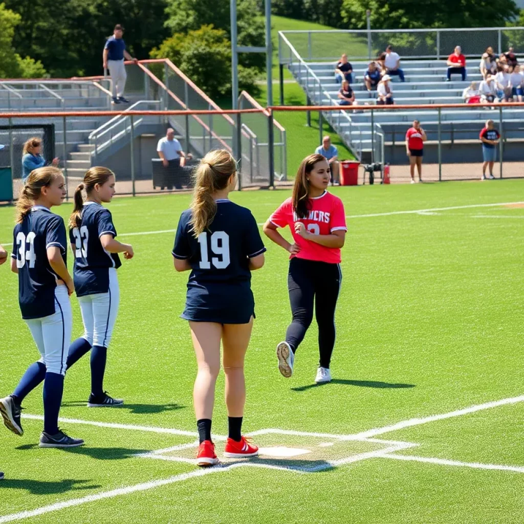 High school softball team practicing on the field