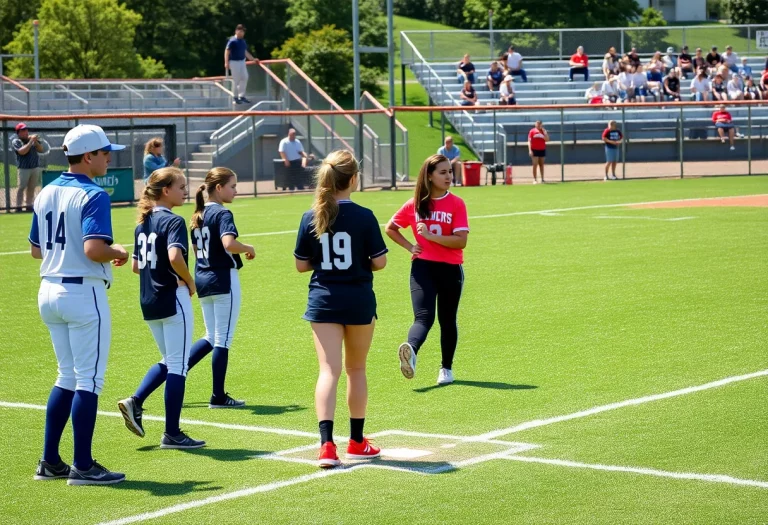 High school softball team practicing on the field