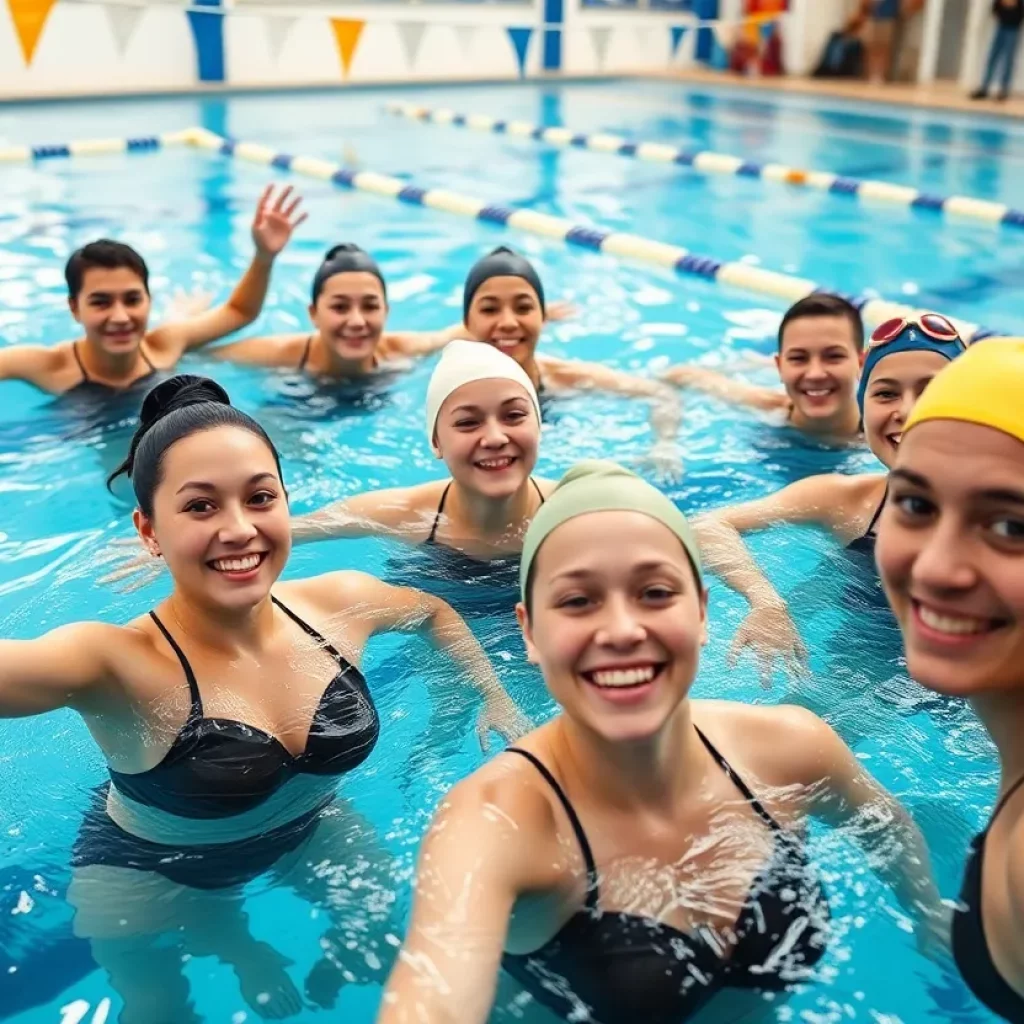 UNH women's swimming team practicing at the pool