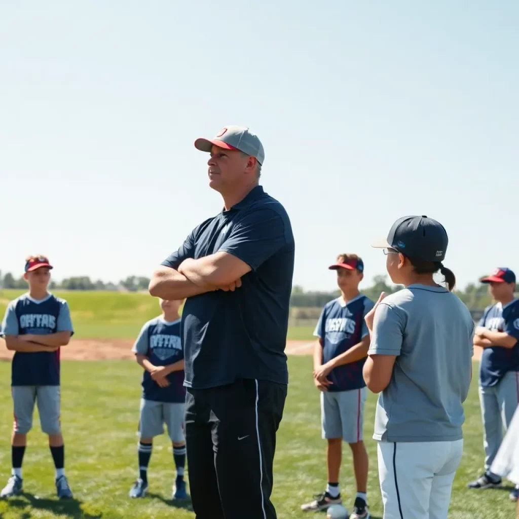 Softball coach guiding young athletes during practice on a bright day