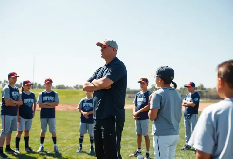 Softball coach guiding young athletes during practice on a bright day
