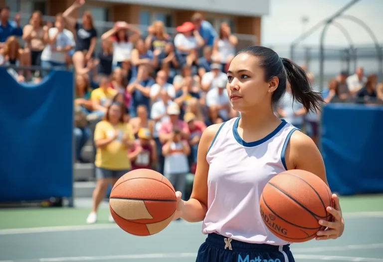 A female basketball player training outdoors with fans in the background.