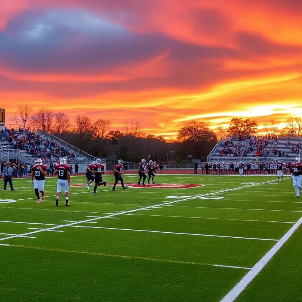 High school football teams practicing on a field during sunset