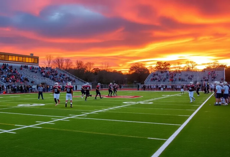 High school football teams practicing on a field during sunset