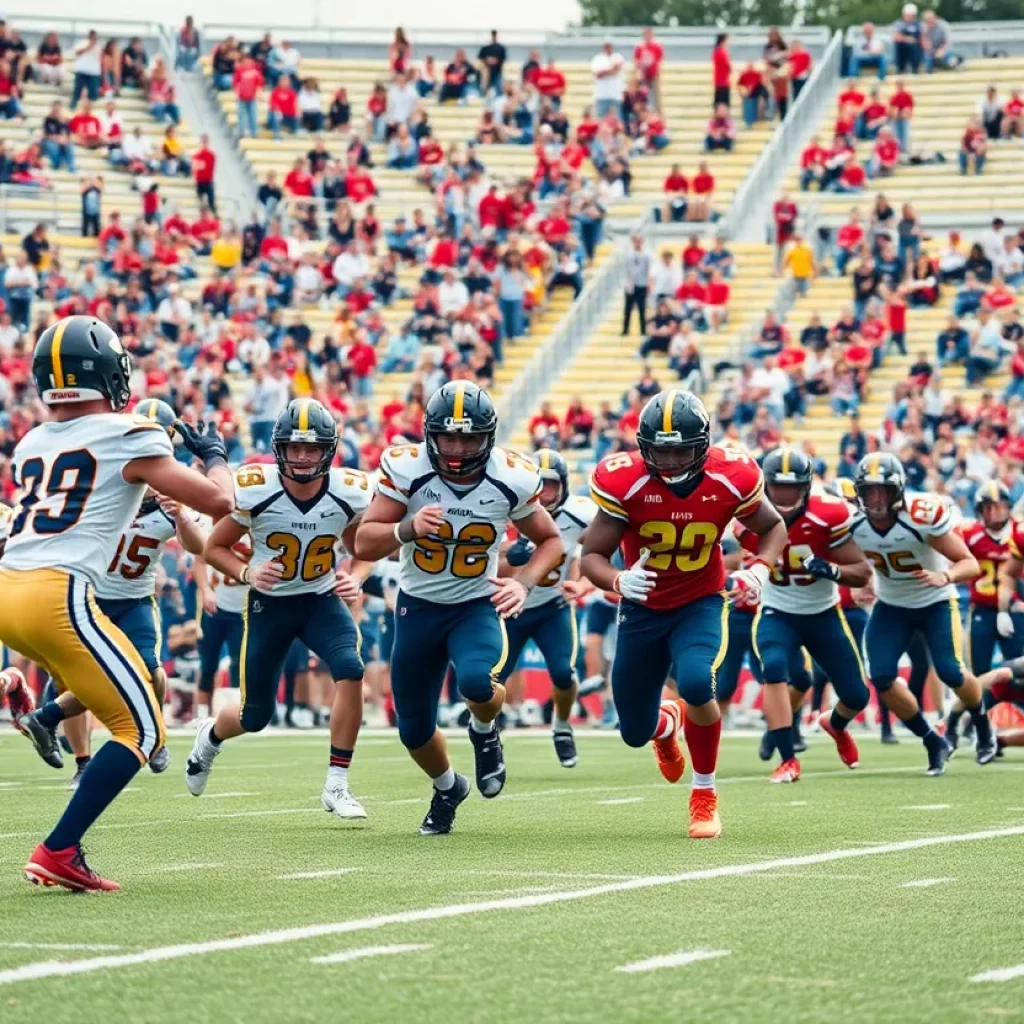 High school football players from various teams competing on the field