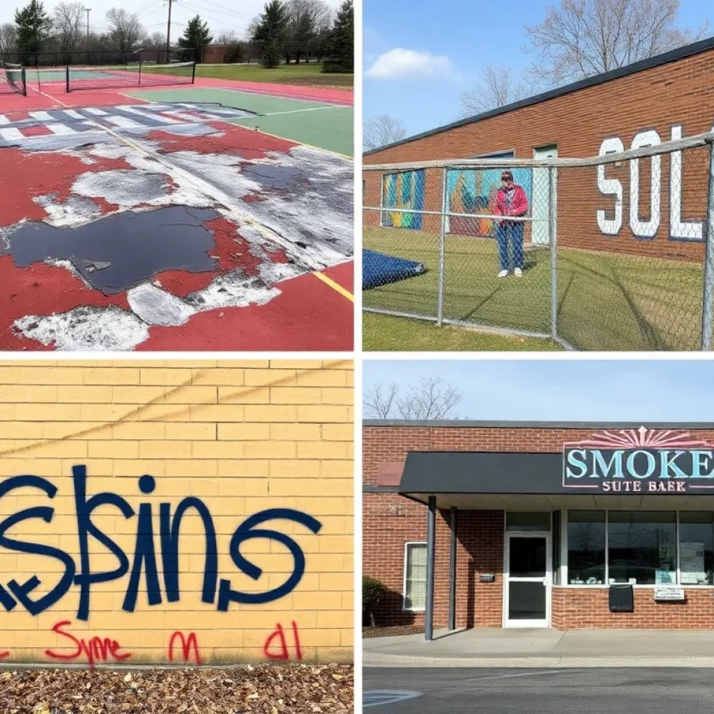 Scenes of vandalism showing damaged tennis courts and graffiti