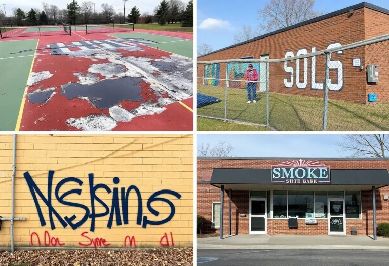 Scenes of vandalism showing damaged tennis courts and graffiti