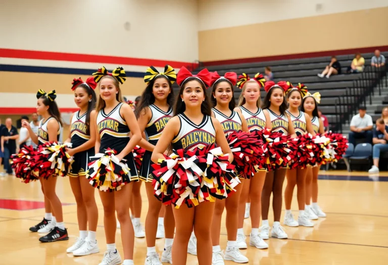 Cheerleading team practicing in a gym