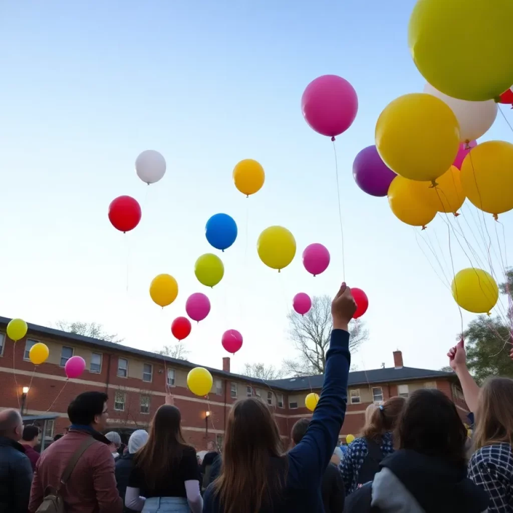 Community members releasing balloons at a vigil for Davell Holden