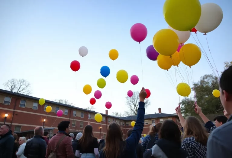 Community members releasing balloons at a vigil for Davell Holden