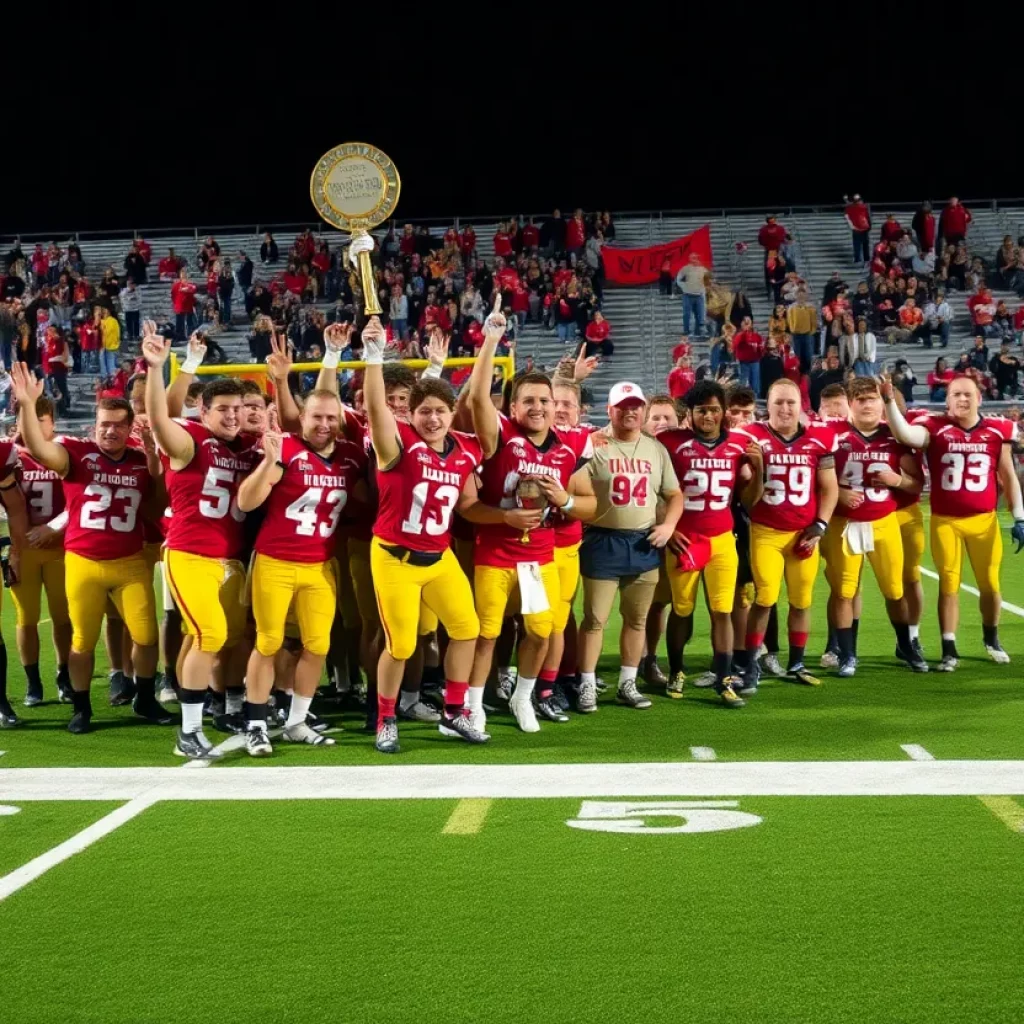 Wadley Bulldogs football team celebrating their state championship win on the field.