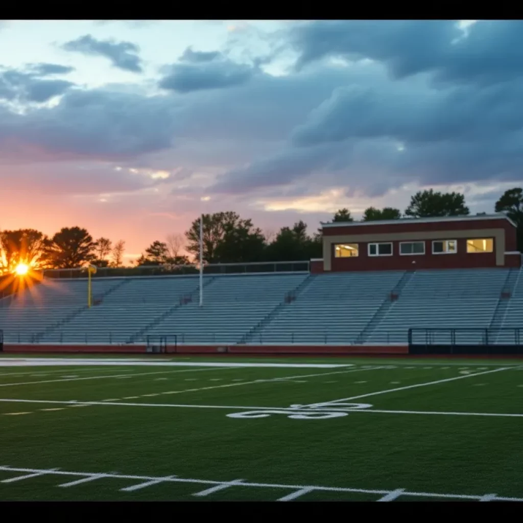 Empty football field at Washington High School during sunset