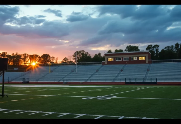 Empty football field at Washington High School during sunset
