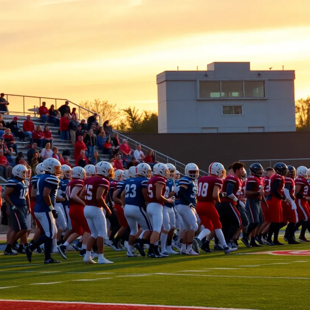 High school football field with players and fans