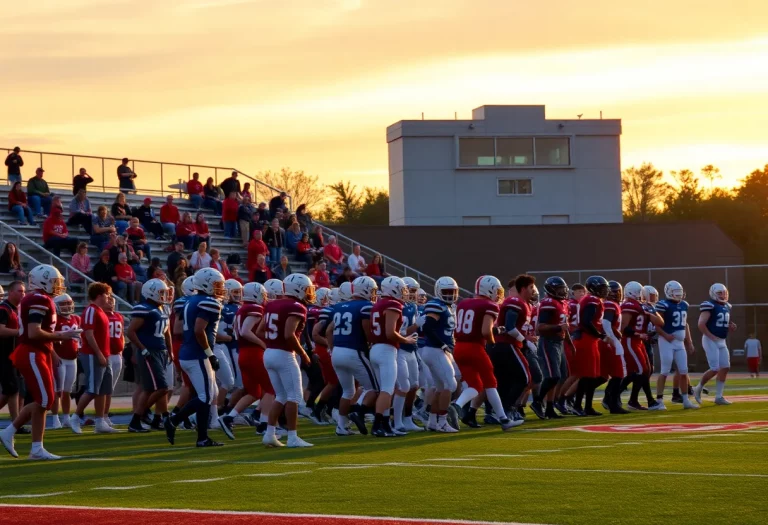 High school football field with players and fans