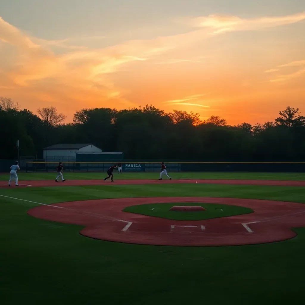 Wellington High School baseball field at sunset