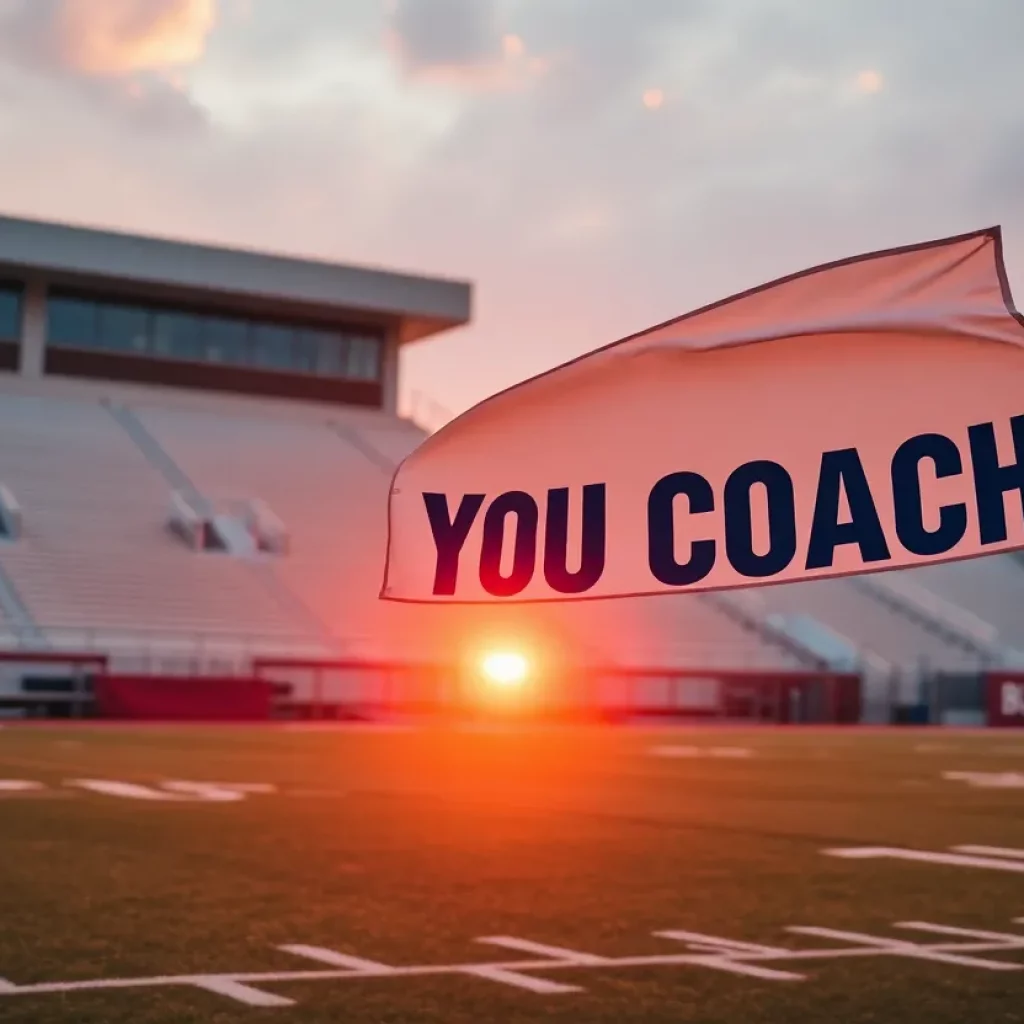 Empty football field with sunset and a banner reading 'Thank You Coach'