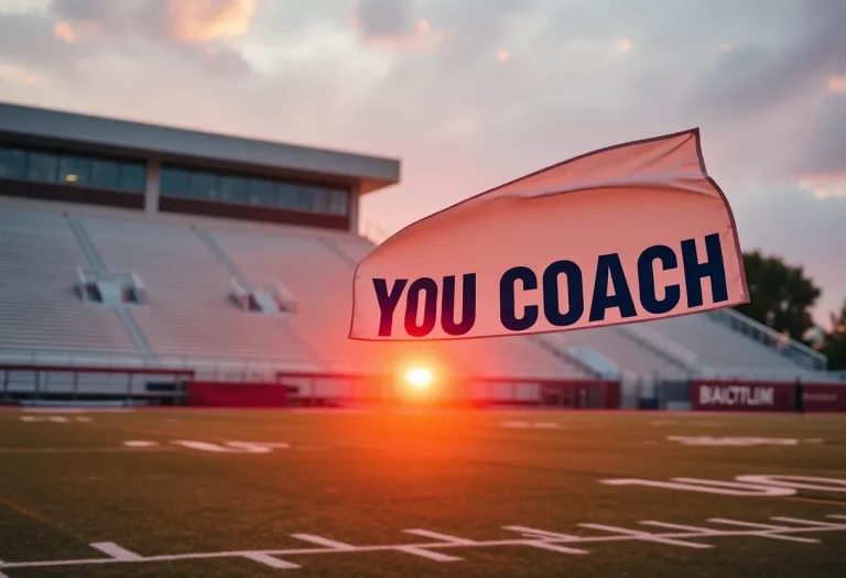 Empty football field with sunset and a banner reading 'Thank You Coach'