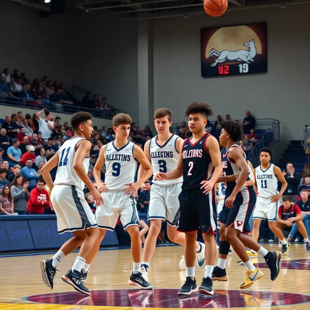 Celebration at a basketball court with college athletes and cheering fans