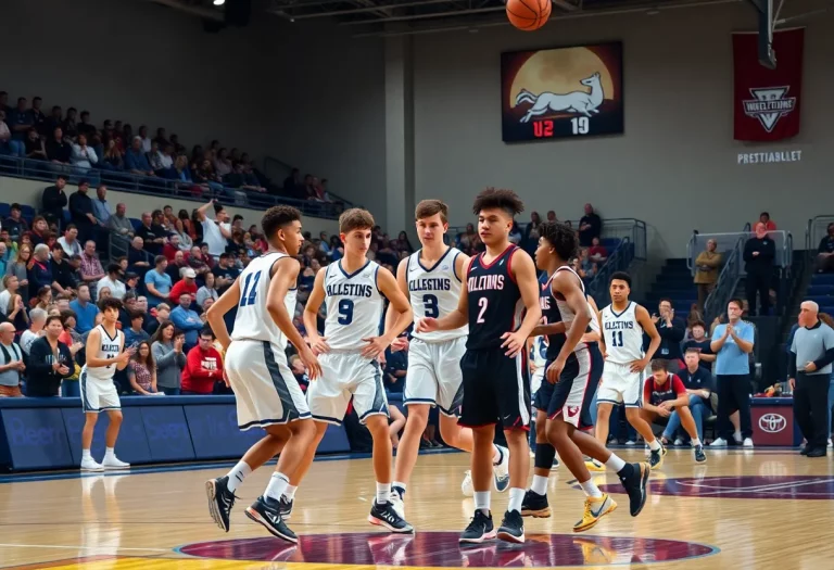 Celebration at a basketball court with college athletes and cheering fans