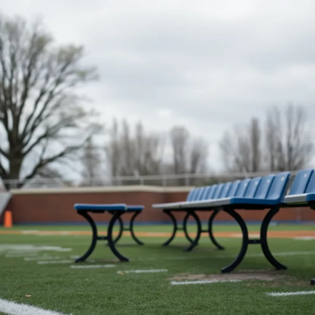 Empty sports bench on a high school field symbolizing community safety