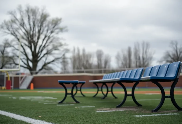 Empty sports bench on a high school field symbolizing community safety