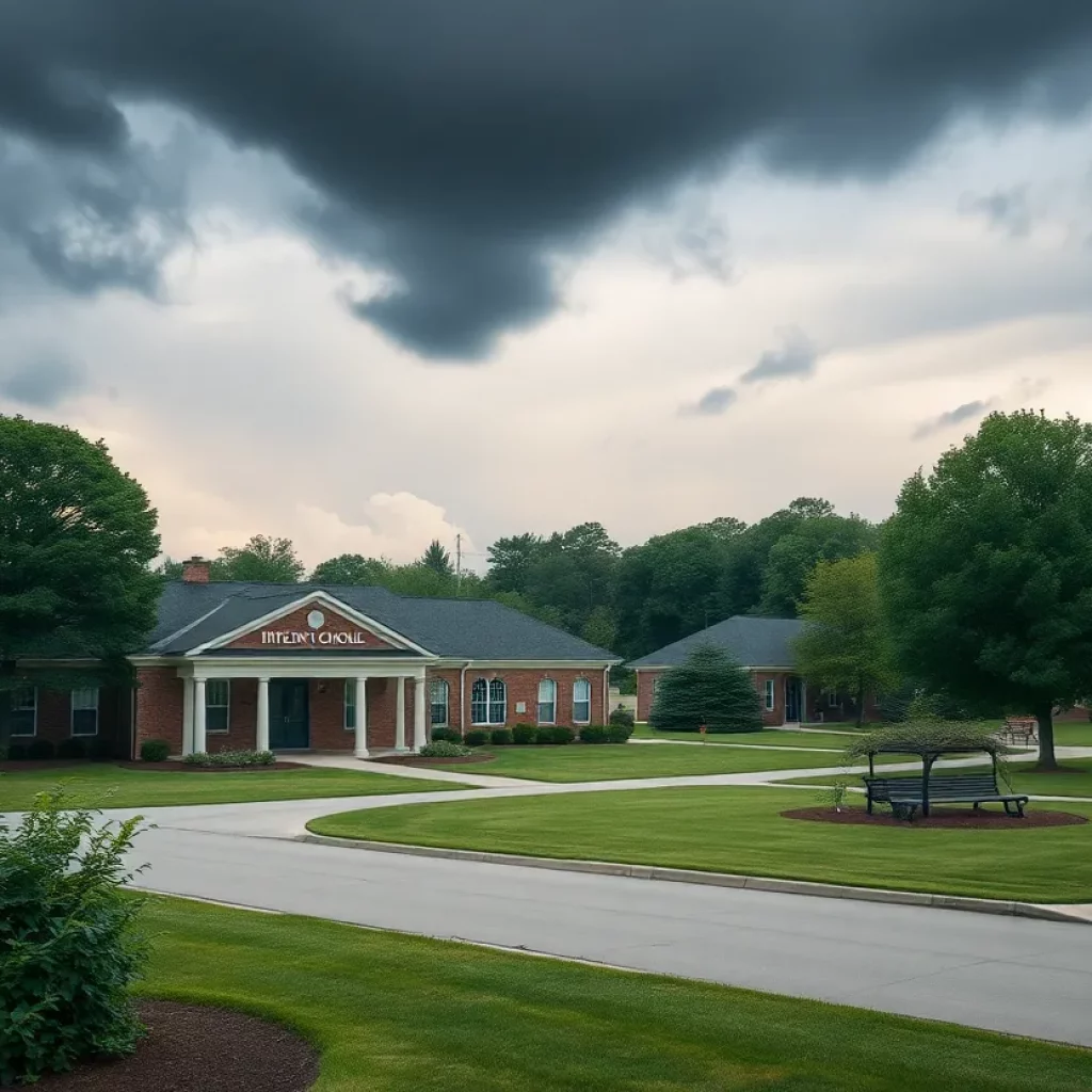 Wilmington school exterior with dark clouds overhead, representing shock.