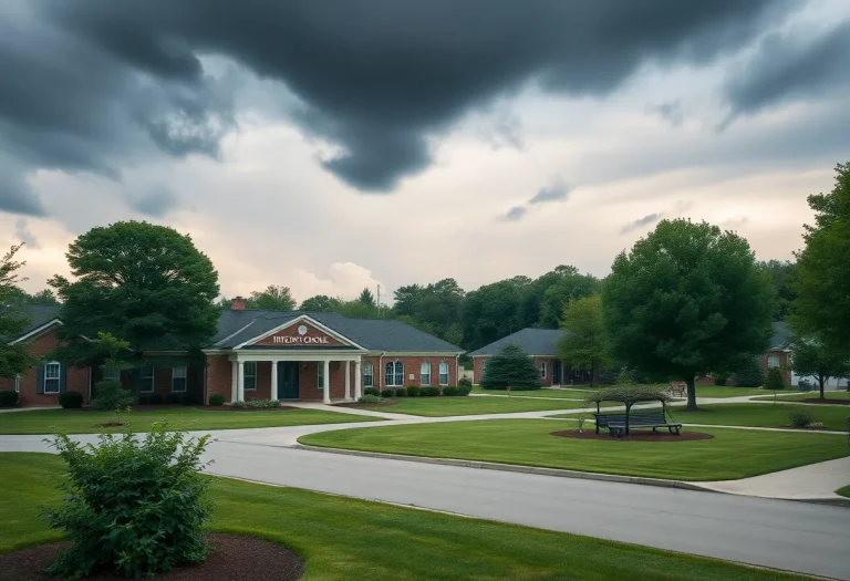 Wilmington school exterior with dark clouds overhead, representing shock.