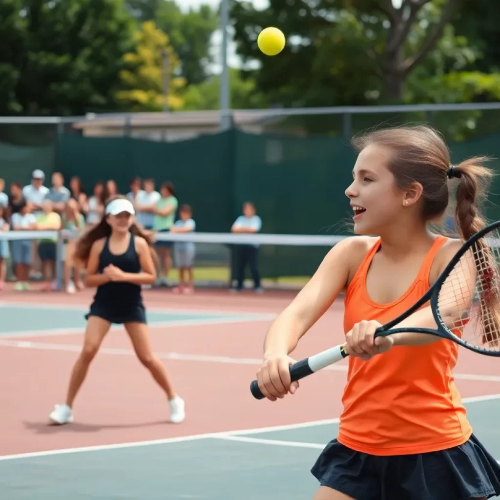 High school girls tennis players competing in a match in Wilmington.