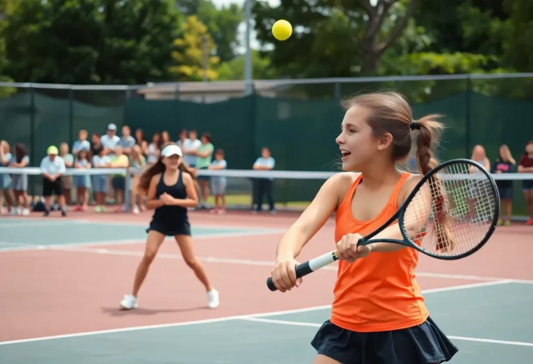 High school girls tennis players competing in a match in Wilmington.
