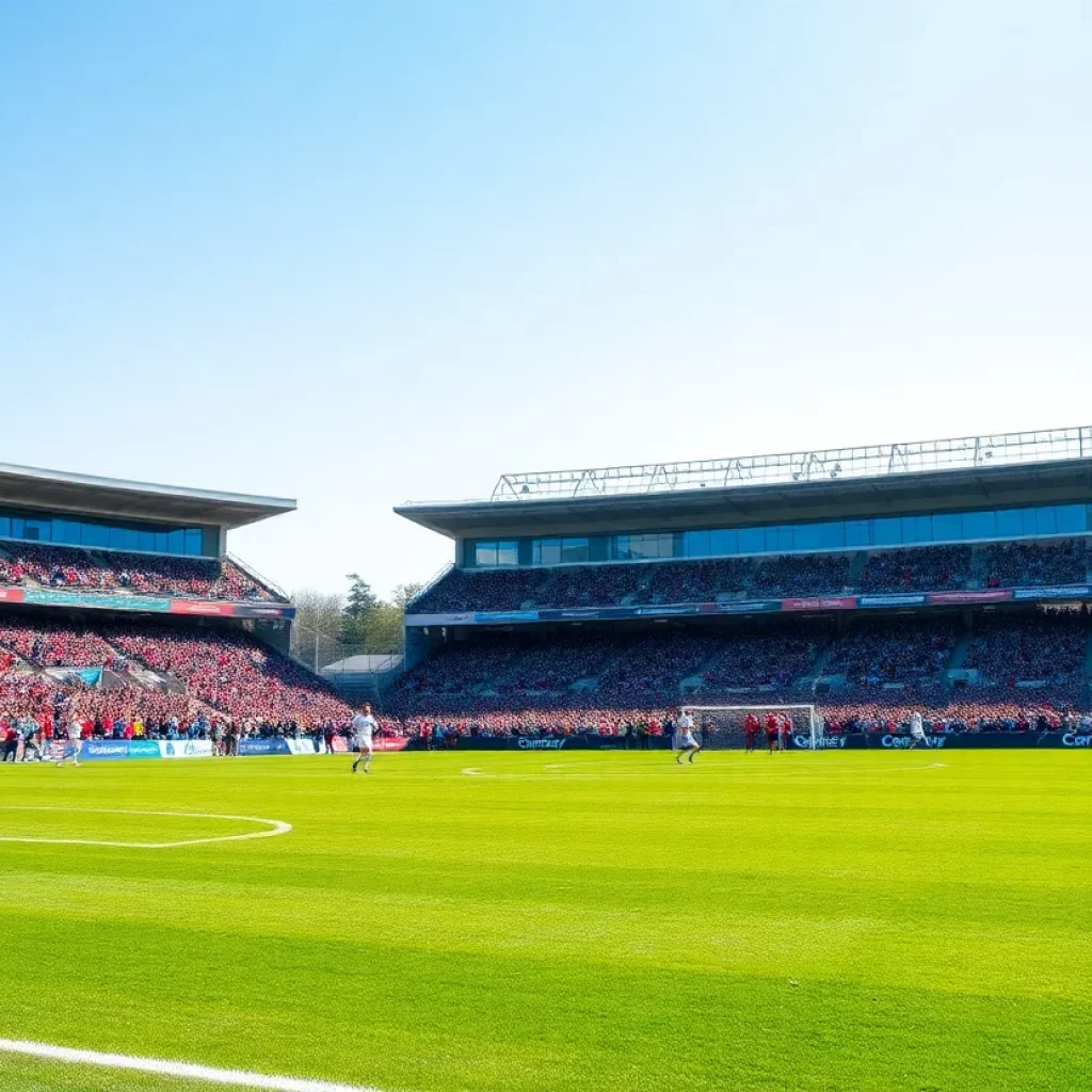 A lively soccer field with fans cheering, representing high school soccer community spirit.
