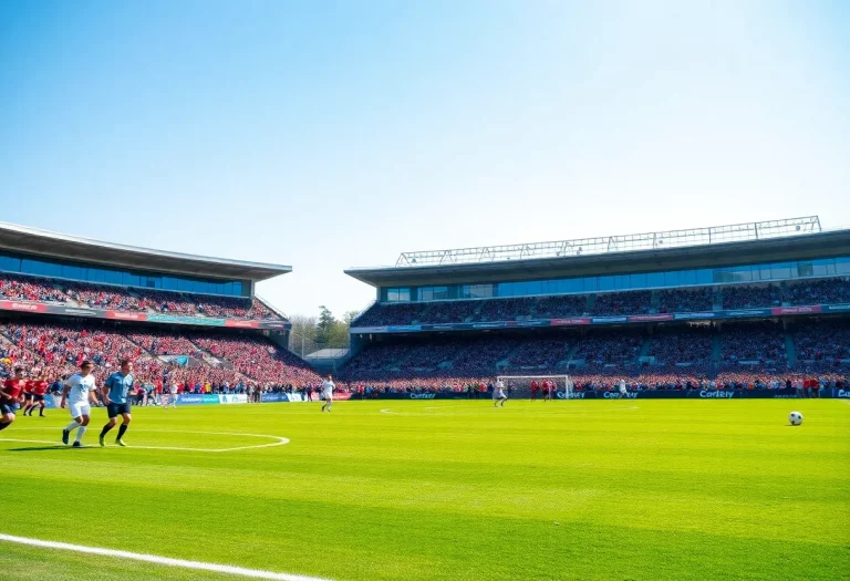 A lively soccer field with fans cheering, representing high school soccer community spirit.