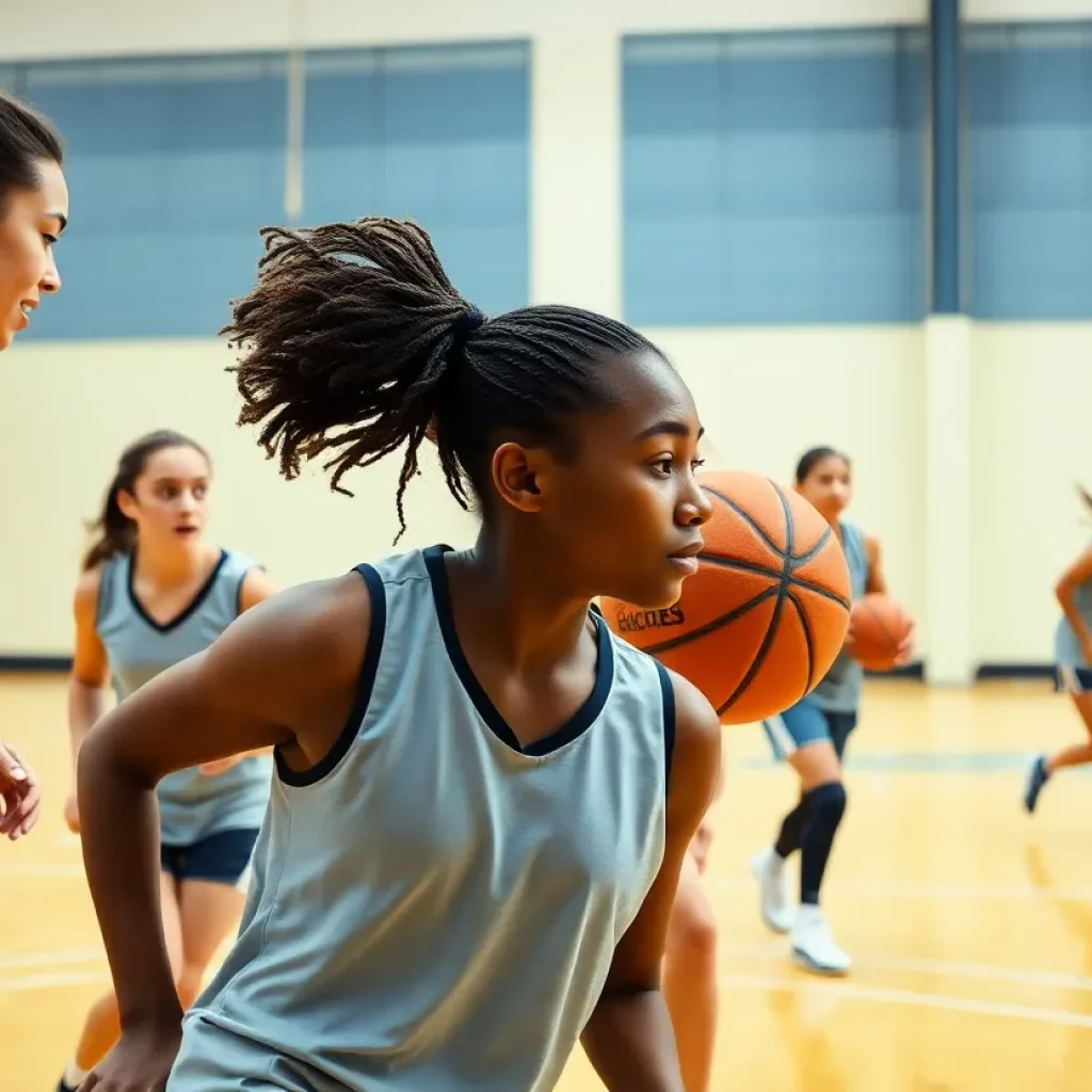 Female basketball players practicing on the court