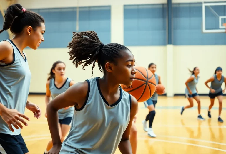 Female basketball players practicing on the court