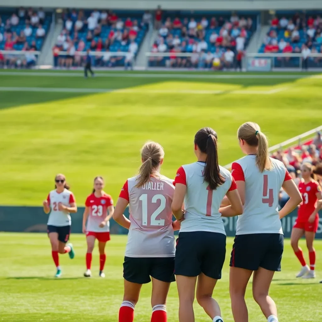 Women's soccer team practicing on the field