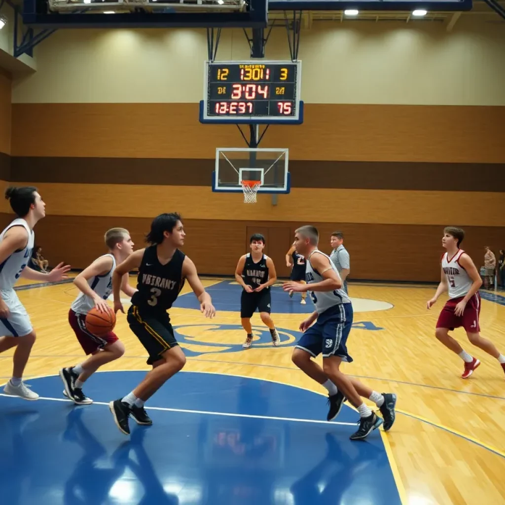 High school basketball players competing with a shot clock in view