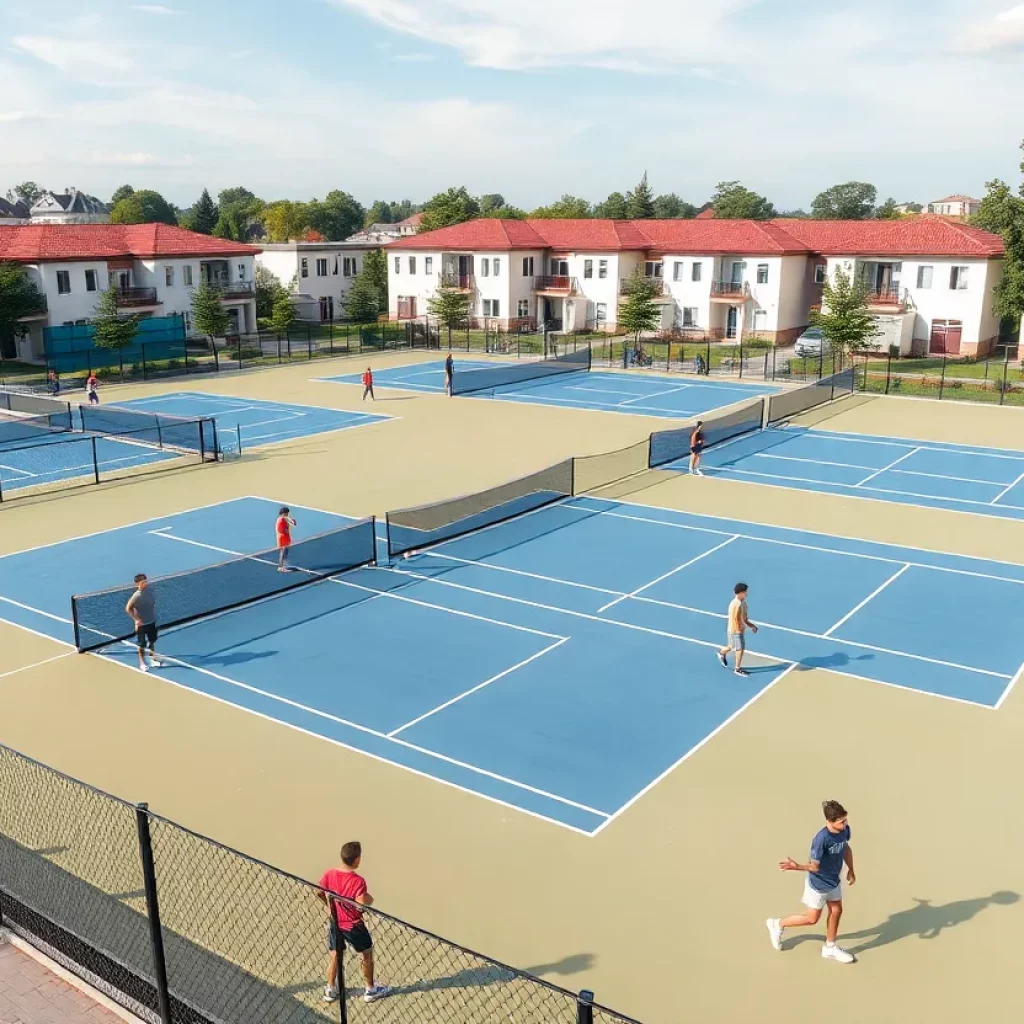 Aerial view of the new Yorkville tennis complex with young athletes on the courts.