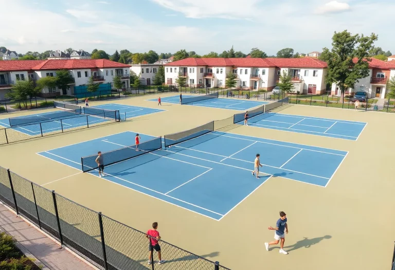 Aerial view of the new Yorkville tennis complex with young athletes on the courts.