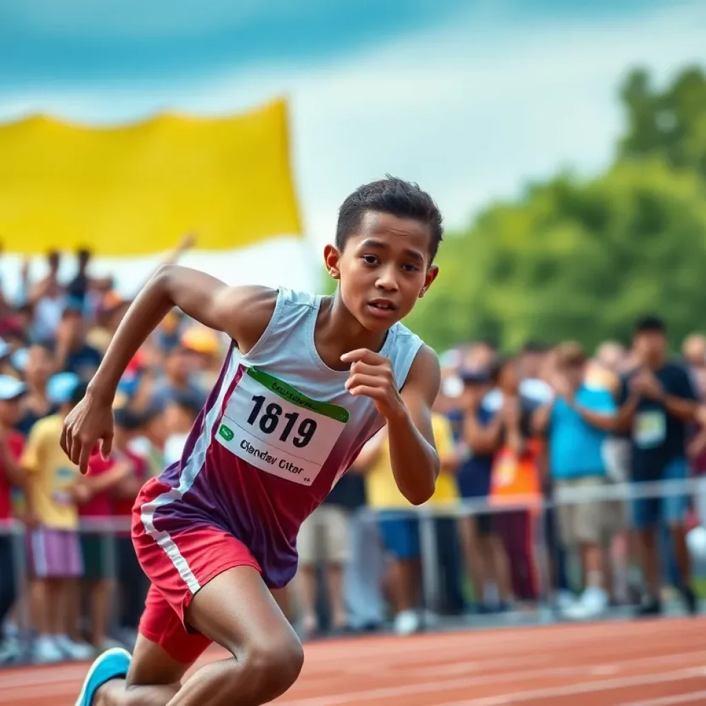 A young track athlete celebrating victory after a race.