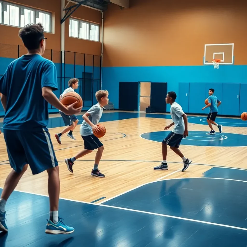 Young athletes practicing basketball on a court