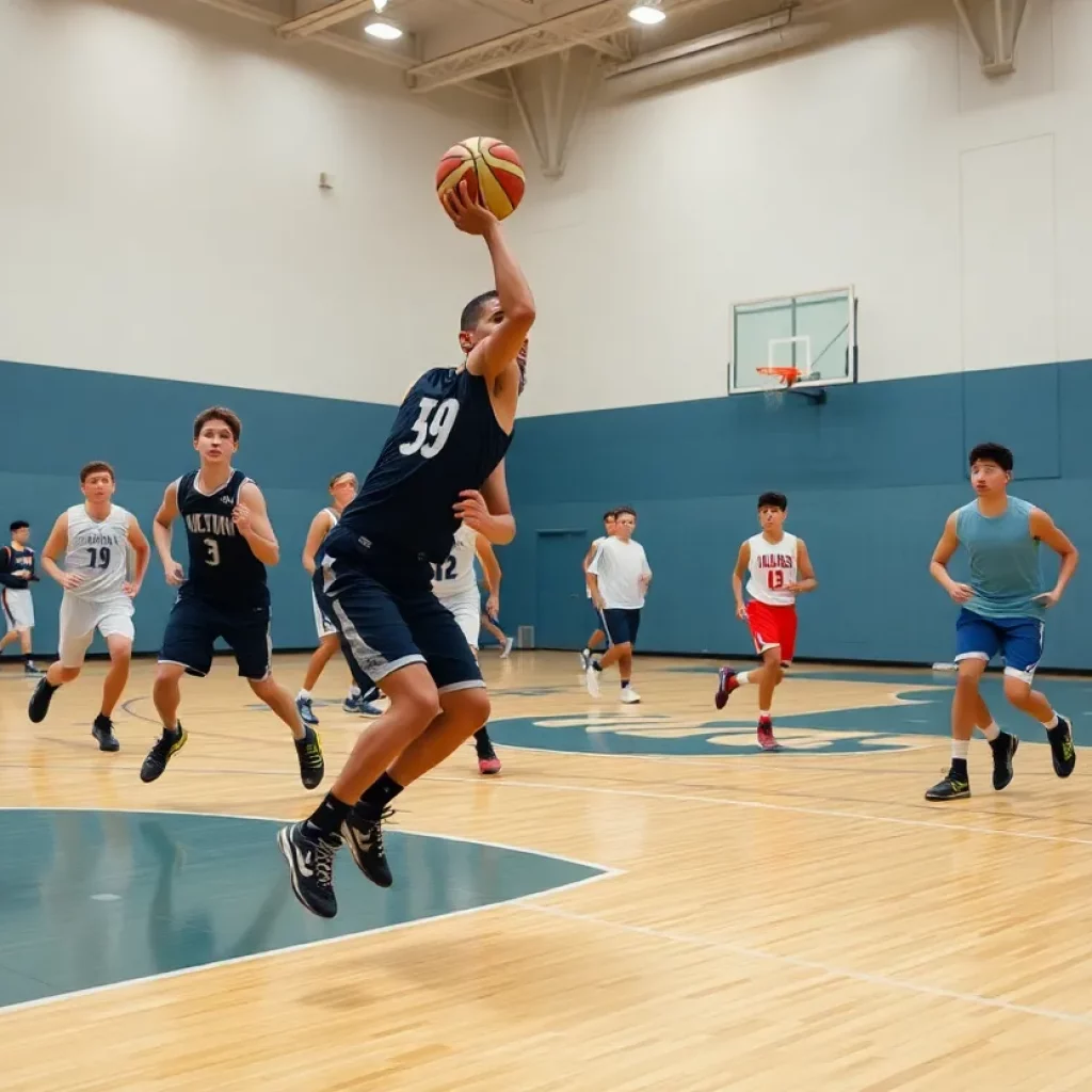 A group of young basketball players in action on the court.