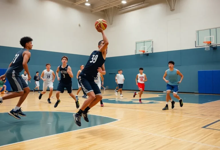 A group of young basketball players in action on the court.
