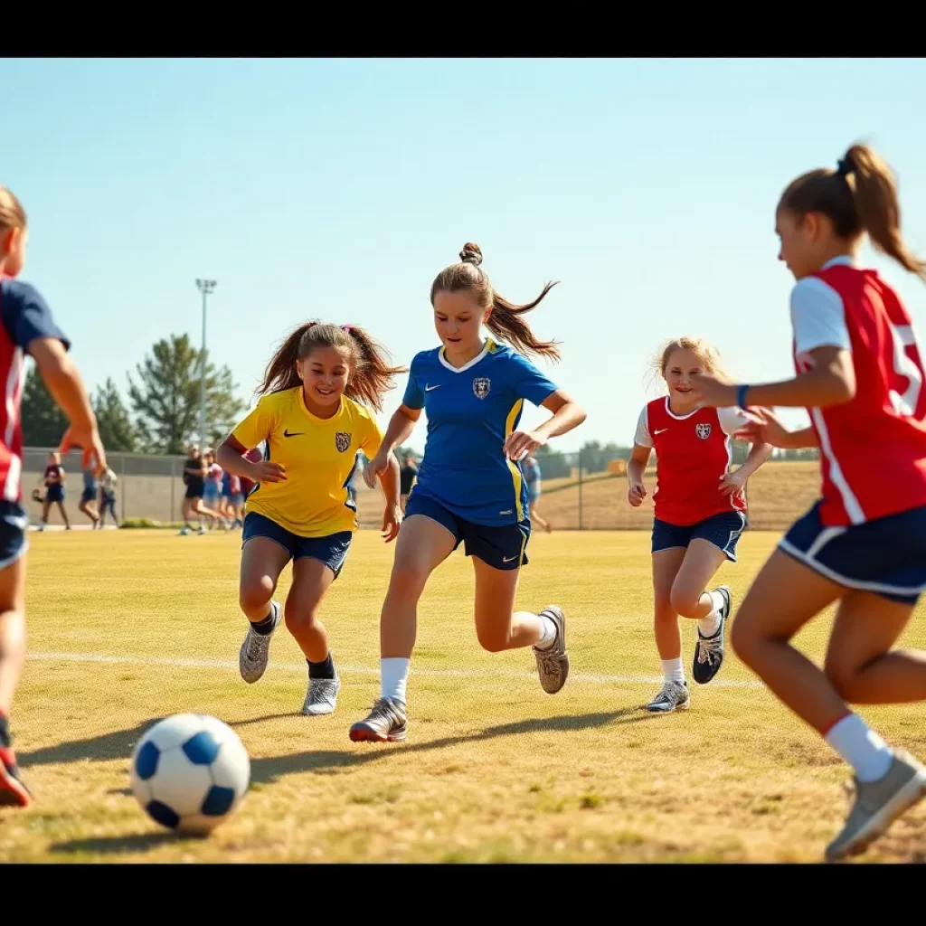 A group of young female athletes participating in a flag football game in Utah.