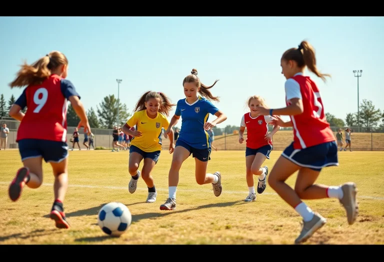 A group of young female athletes participating in a flag football game in Utah.