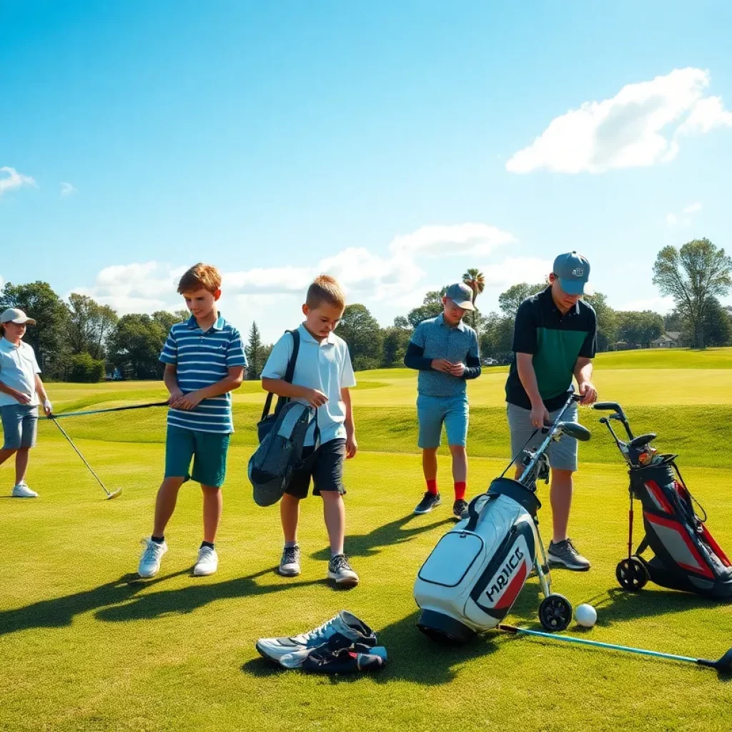 Young golfers practicing on a sunny golf course