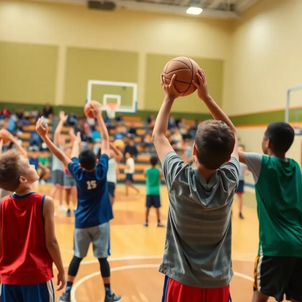 Young basketball players practicing shooting in a gym