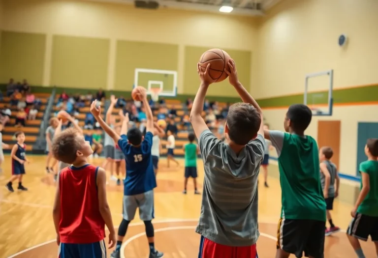 Young basketball players practicing shooting in a gym